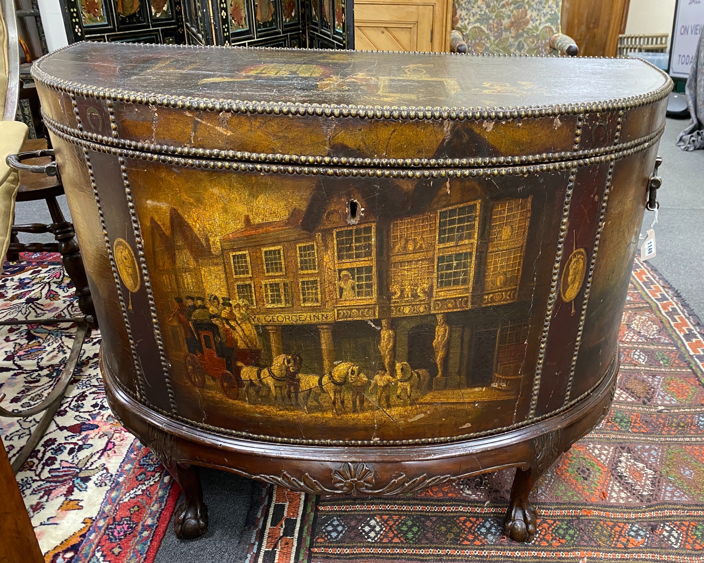 A late 19th / early 20th century studded painted leather d-shaped trunk, painted with tavern and interior scenes, on mahogany stand with carved claw and ball feet, width 112cm depth 54cm height 88cm